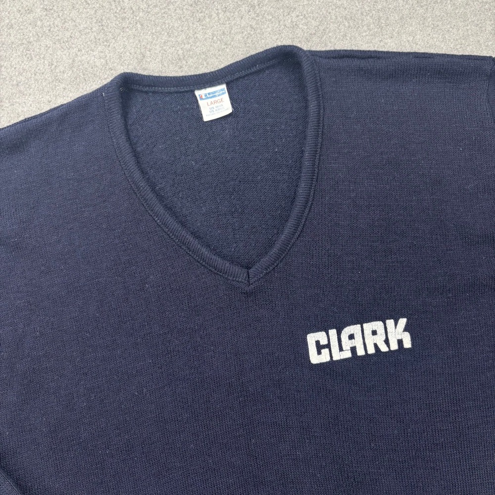 Vintage 70s Champion V-Neck Sweatshirt Mens L‎ USA Made Rayon Blue Bar "Clark"